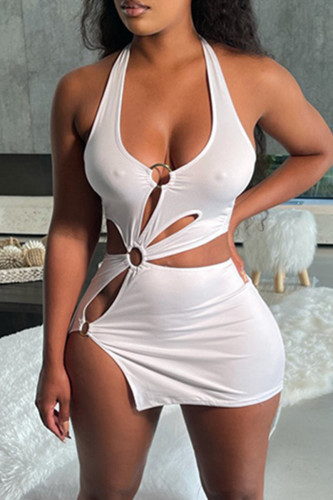 Fashion Sexy Solid Hollowed Out Halter Irregular Dress