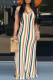 Fashion Sexy Striped Print Backless Slit Spaghetti Strap Sleeveless Dress