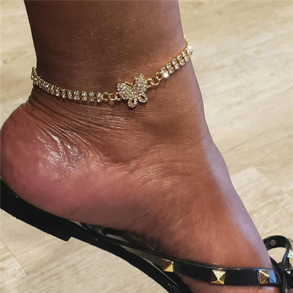 Fashion Rhinestone Butterfly Pendant Double Row Diamond Anklet
