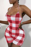 Sexy Plaid Patchwork Spaghetti Strap Skinny Rompers