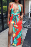 Sexy Print Bandage Patchwork High Opening Halter Straight Dresses