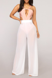 Sexy Solid See-through Loose Mid Waist Wide Leg Solid Color Bottoms