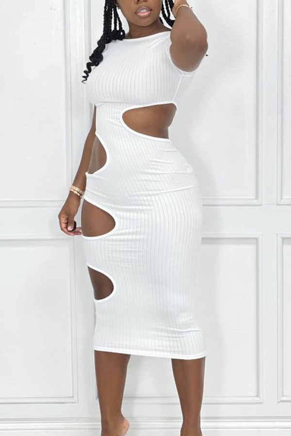Sexy Solid Hollowed Out Patchwork O Neck Pencil Skirt Dresses