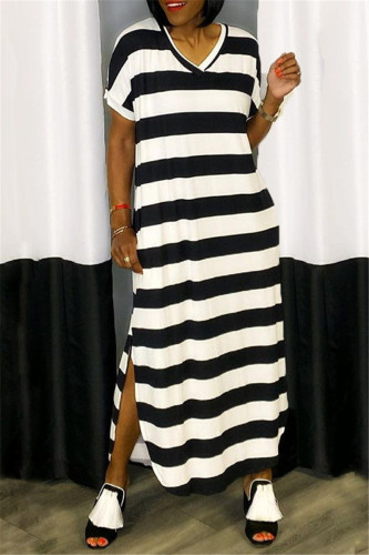 Fashion Casual Striped Print Slit V Neck Short Sleeve Dress