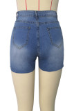 Casual Solid Bandage Buttons Without Belt Zipper Straight Mid Waist Patchwork Plus Size Denim Shorts