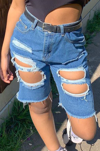 Casual Patchwork Ripped Mid Waist Straight Denim Shorts