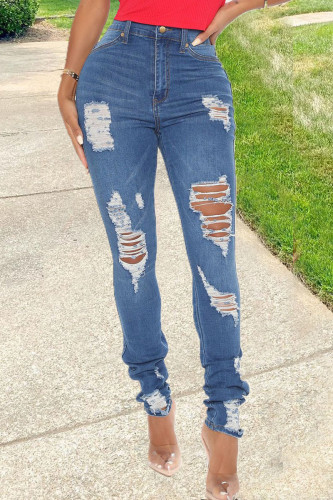 Street Solid Ripped Make Old Mid Waist Skinny Denim Jeans