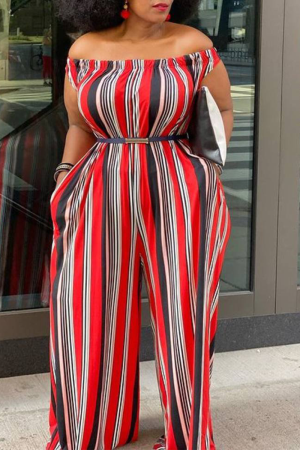Casual Striped Patchwork Off the Shoulder Plus Size Jumpsuits