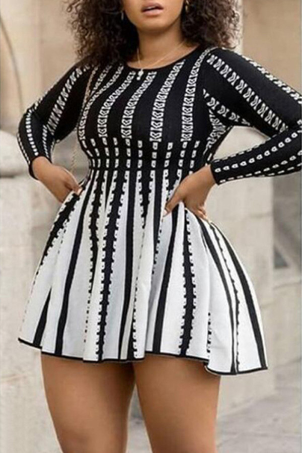 Fashion Casual Print Basic O Neck Long Sleeve Plus Size Dresses