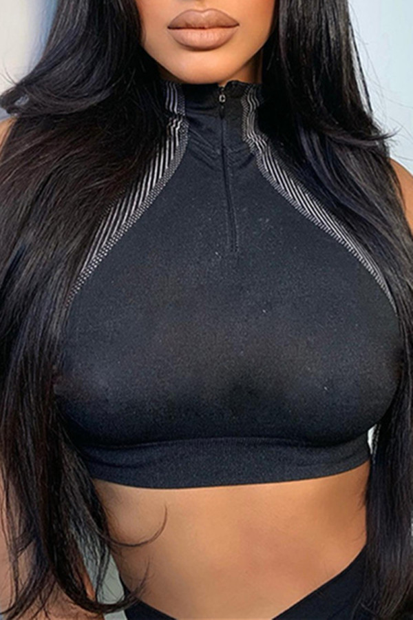 Sexy Casual Patchwork Basic Zipper Collar Tops