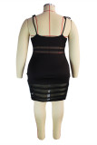 Fashion Sexy Plus Size Patchwork See-through Spaghetti Strap Sleeveless Dress