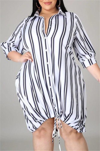 Fashion Casual Plus Size Striped Print Basic Turndown Collar Shirt Dress