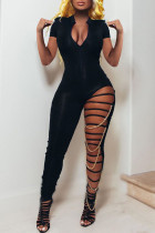 Fashion Sexy Solid Hollowed Out Patchwork Chains Zipper Collar Skinny Jumpsuits