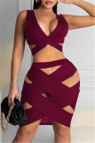 Fashion Sexy Solid Hollowed Out V Neck Sleeveless Two Pieces