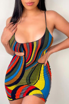 Sexy Print Hollowed Out Patchwork Spaghetti Strap Pencil Skirt Dresses