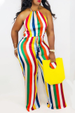 Sexy Striped Patchwork Halter Straight Jumpsuits