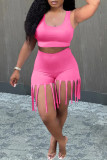 Fashion Casual Solid Tassel U Neck Sleeveless Two Pieces