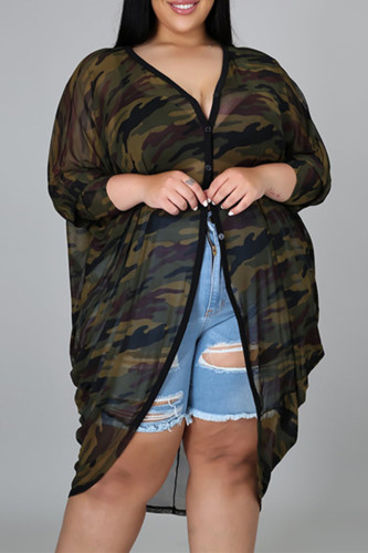 Fashion Casual Camouflage Print Asymmetrical V Neck Plus Size Overcoat