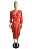 Fashion Casual Solid Strap Design V Neck Long Sleeve Plus Size Dresses
