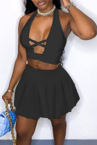 Sexy Solid Patchwork Halter Sleeveless Two Pieces