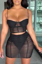 Sexy Solid Mesh Spaghetti Strap Sleeveless Two Pieces