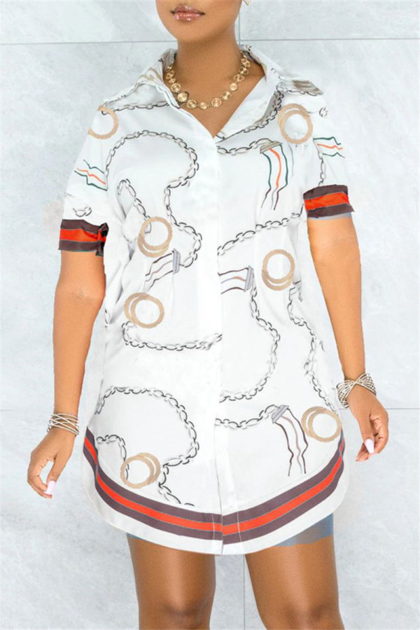 Fashion Casual Print Basic Turndown Collar Shirt Dress