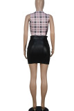 Sexy Plaid Print Bandage Patchwork V Neck Sleeveless Two Pieces