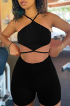 Fashion Sexy Solid Hollowed Out Backless Halter Sleeveless Two Pieces