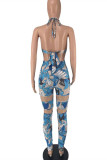 Fashion Sexy Print Hollowed Out Backless Strap Design Strapless Skinny Jumpsuits