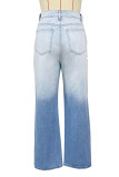 Fashion Casual Gradual Change Print Ripped High Waist Straight Jeans