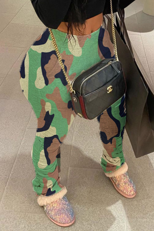 Casual Camouflage Print Patchwork Skinny Mid Waist Straight Full Print Bottoms