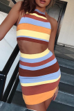 Sexy Striped Patchwork Halter Sleeveless Two Pieces