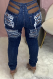 Casual Solid Ripped Mid Waist Skinny Denim Jeans