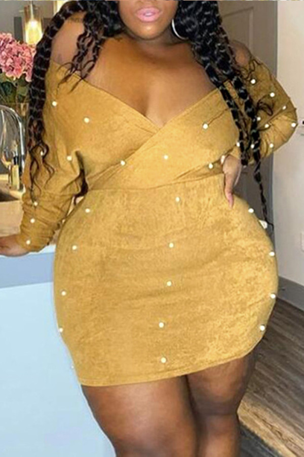 Sexy Casual Solid Beading V Neck Long Sleeve Plus Size Dresses