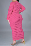 Sexy Solid Hollowed Out See-through Half A Turtleneck Long Sleeve Plus Size Dresses