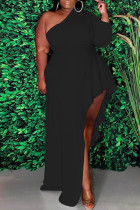 Fashion Casual Plus Size Solid Asymmetrical Oblique Collar Long Sleeve Dresses