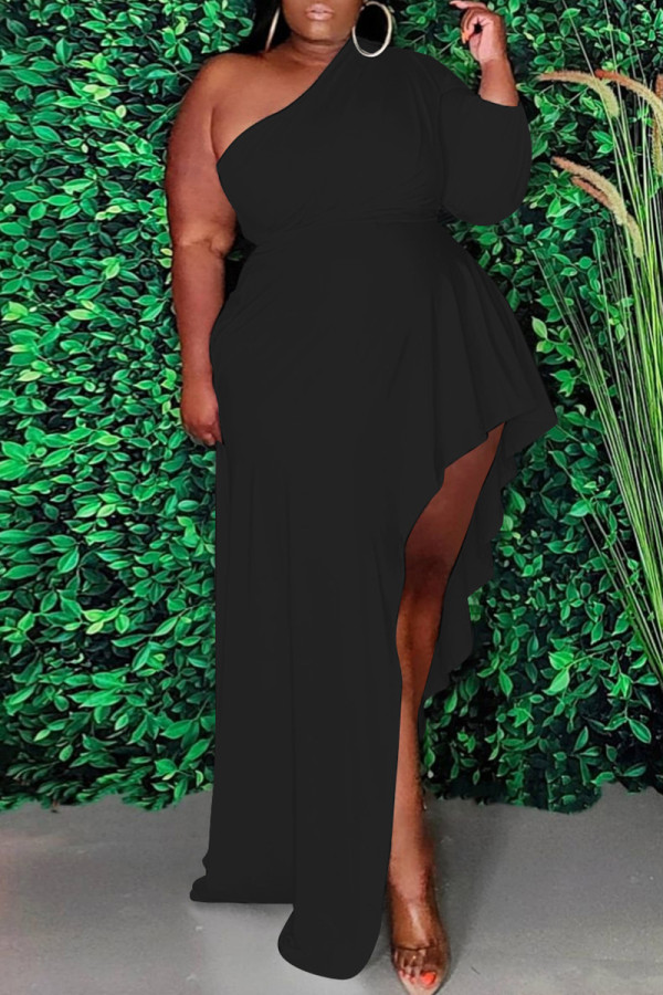 Fashion Casual Plus Size Solid Asymmetrical Oblique Collar Long Sleeve Dresses