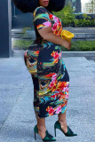 Sexy Print Patchwork O Neck One Step Skirt Plus Size Dresses
