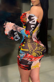 Sexy Print See-through Mesh Wrapped Skirt Dresses