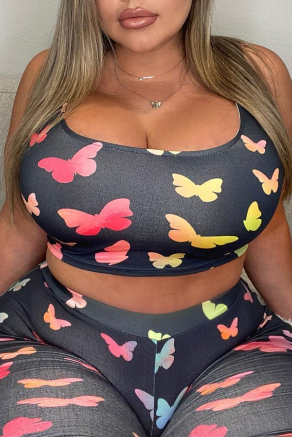 Sexy Casual Butterfly Print Basic U Neck Plus Size Two Pieces