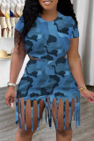 Fashion Casual Camouflage Print Tassel O Neck Short Sleeve Two Pieces