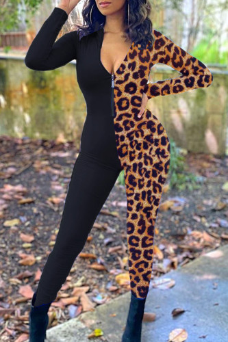 Fashion Casual Leopard Print Split Joint V Neck Skinny Jumpsuits