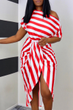 Casual Striped Patchwork One Shoulder Short Sleeve Two Pieces