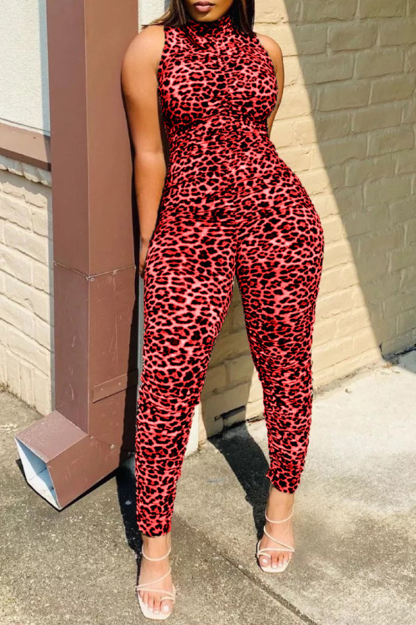 Sexy Casual Leopard Printing Turtleneck Skinny Jumpsuits