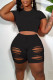 Casual Solid Ripped Patchwork O Neck Short Sleeve Two Pieces