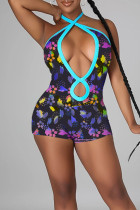 Sexy Print Hollowed Out Patchwork Halter Skinny Rompers
