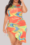 Sexy Plus Size Print Hollowed Out Strap Design O Neck Sleeveless Dress