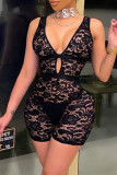 Fashion Sexy Solid Hollowed Out See-through V Neck Skinny Romper