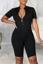 Sexy Solid Patchwork Zipper Collar Skinny Rompers
