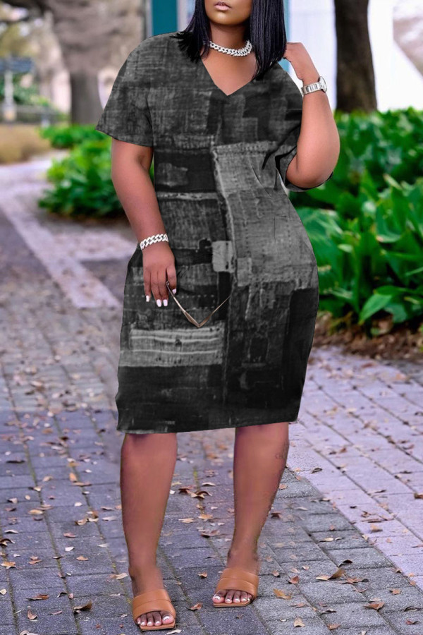 Fashion Casual Print Basic V Neck Short Sleeve Dress